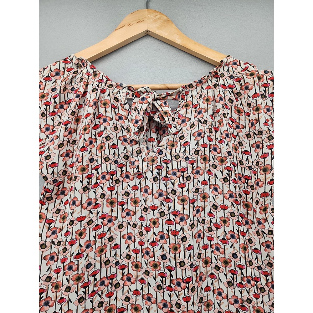 LC Lauren Conrad Floral Cap Sleeve Blouse Orange Pink Poppy Print Tie Back XS - Picture 6 of 11